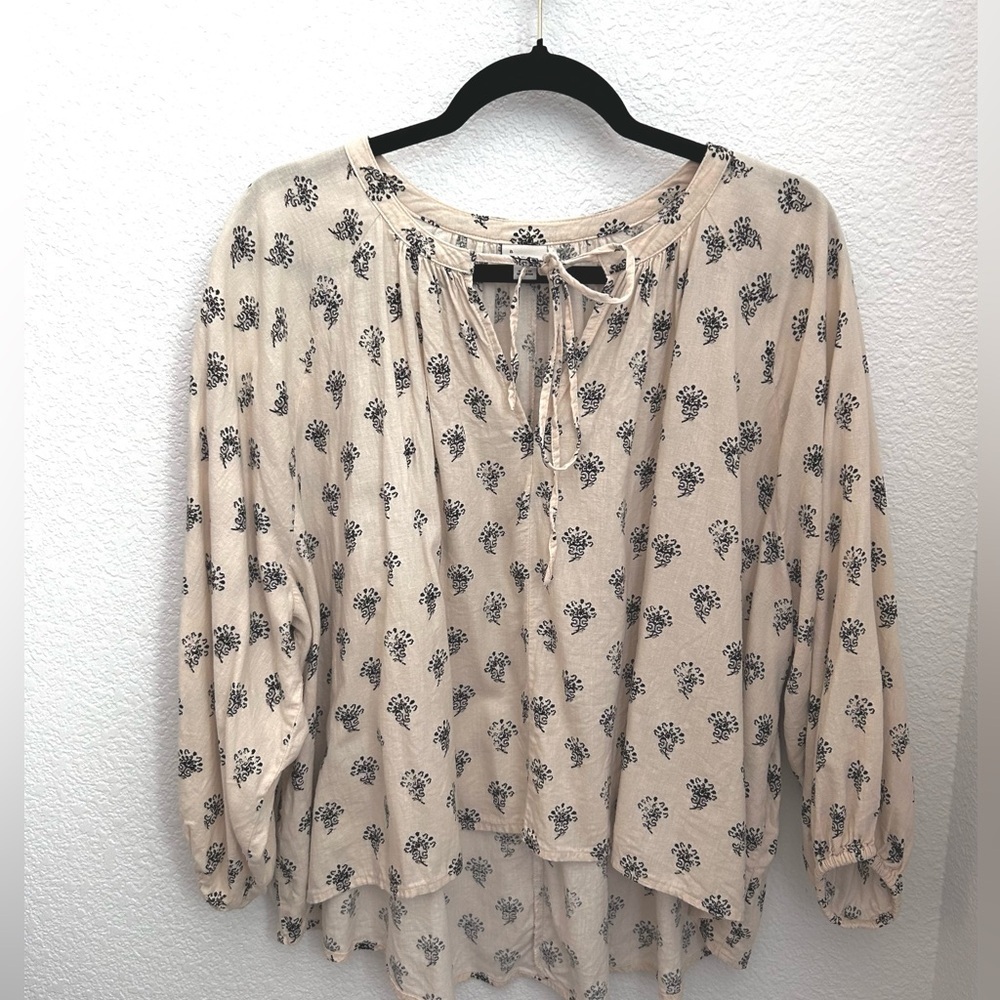 A NEW DAY Tie neck Linen blouse cream and black Bohemian Femenine Western - Picture 6 of 16